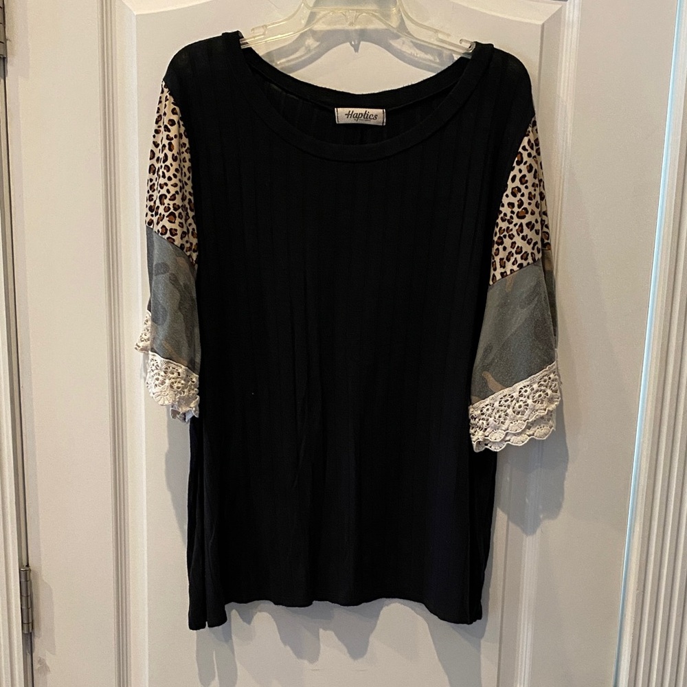 Stylish Black Blouse with Leopard and Lace by Hayden